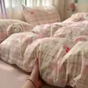 Juego de Ropa de Cama de Gasa de Doble Capa de Algodón Lavado de Cuatro Piezas Estilo Princesa para Dormitorio de Estudiante, Incluye Sábana Plana, Sábana Ajustable y Funda de Edredón, Adecuado para Todas las Estaciones