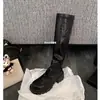 Botas de cano alto elásticas com sola grossa plissada, estilo Xu Jiaqi, para outono e inverno femininas, com salto grosso