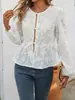 Cárdigan de Encaje Floral Bordado Blanco Dulce Estilo Francés para Mujer con Cuello Cuadrado, Mangas de Farol, Ceñido a la Cintura, Adelgazante y Elegante