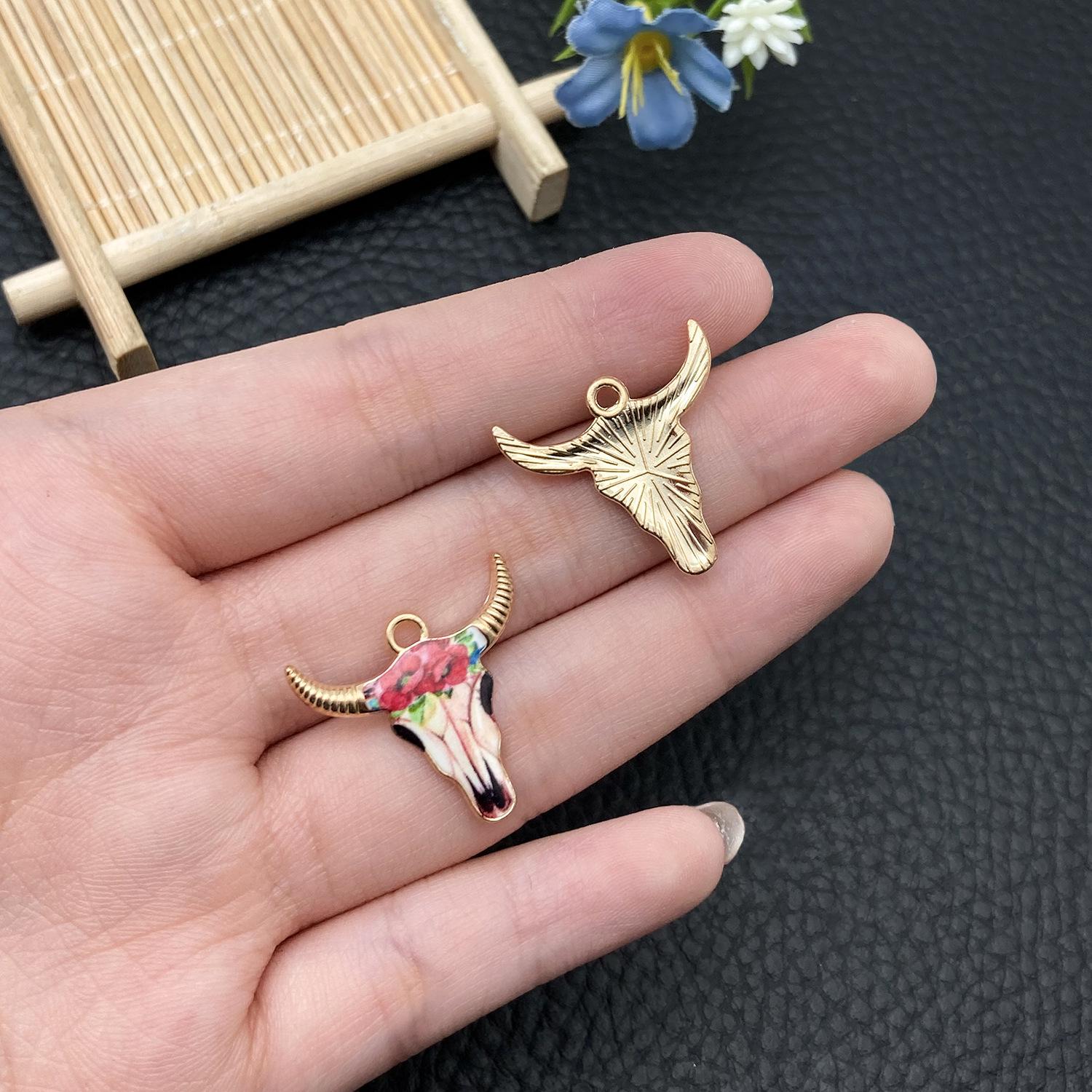 19497-X-粉色锌合金滴油鲜花万圣节牛头20x22mm-