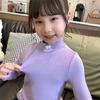 Camiseta de primavera y otoño para mujer y niño, estilo occidental, con personalidad infantil, estilo coreano moderno, cuello medio alto, bordada, color liso.