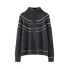 Cárdigan de Punto 100% Lana Otoño/Invierno 2026 Estilo Coreano Rayado Bloque de Color Suéter para Mujer Cuello Solapa Abrigo Holgado Estilo Casual