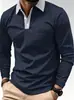 Camisa Polo Casual de Manga Larga para Hombre, Azul Marino con Cuello de Contraste y Tapeta de Botones, Adecuada para el Uso Diario