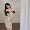 Vestido de malha estilo Hong Kong, socialite da moda, gola única, outono, slim fit, saia interna de fundo doce, saia curta que cobre o quadril para mulheres