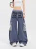Pantalones de chándal retro americanos con estampado de rayas azules para hombre y mujer, colorblock de ajuste limpio, corte holgado, pantalones de pierna ancha para pareja