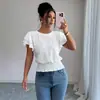 Camiseta Casual de Manga Corta con Cuello Redondo y Mangas de Hoja de Loto Caladas Estilo Europeo y Americano Transfronterizo Tiktok Primavera y Verano 2026 para Mujer Color Puro