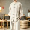 2026 Estilo Nuevo Camisa de Manga Tres Cuartos para Hombre Estilo Chino Color Sólido Imitación Lino Cuello Alto Traje Tang Camisa Casual para Hombre
