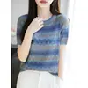 Nova T-shirt Tricot de Lã Manga Curta Color Block com Listras Francesas 2026 Design Feminino Vazado Pequeno Nicho Top Emagrecedor