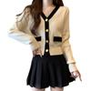 Suéter de Tricô Longo com Manga Longa e Decote V Estilo Chanel para Mulheres, Top Básico Elegante Estilo Francês, Cardigã de Tricô Preto e Branco