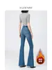 Jeans de Veludo/Elástico Quatro Vias de Cintura Alta Micro Flare para Mulheres, Retro Justo Levanta Bumbum Emagrecedor Look Novo Estilo Outono 2025