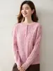 Suéter de malha de cashmere elegante com botões e gola semiaberta para mulheres, pulôver de gola redonda com fio floral para outono e inverno, top base macio e confortável