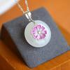 Collar de estilo étnico en plata s925 con incrustaciones de esmalte y flor de cerezo, colgante con hebilla de seguridad de jade hetiano natural