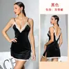 Camisón de Encaje Negro de Terciopelo Estilo Europeo y Americano Transfronterizo con Cuello en V Profundo, Lazos Laterales de Color Contrastante, Ropa de Dormir para el Hogar 1187 Sin Mangas