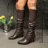 Nuevas botas largas de otoño e invierno para mujer de comercio exterior, punta fina, fruncidas, de moda, hasta la rodilla, tacón alto, talla grande