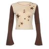 Moda Estilo Harajuku 2025 Cuello Invertido Bloqueo de Color Estrellas Brillantes Estampado Personalizable Versátil Acampanado Manga Larga Top