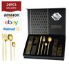 Conjunto de Talheres de Aço Inoxidável Português com 24 Peças, Incluindo 4 Peças Principais, Conjunto em Caixa de Presente, Faca de Churrasco, Garfo, Colher, Caixa Preta com Tampa Flip-Top