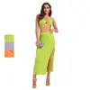 Estação primavera e verão nova estação independente europeia e americana conjunto de duas peças vestido saia sexy sem costas no quadril vestido de malha feminino