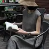 Vestido Vintage de Xadrez de Algodão e Linho Sem Mangas para Mulheres, Estilo Mori Verão 2025, Caimento Solto, Vestido Regata de Linho Reto Emagrecedor