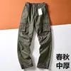 Pantalones casuales de trabajo retro estilo americano para hombre, corte holgado, diseño simple, con múltiples bolsillos, adecuados para primavera y otoño, corte recto y ajustados en el dobladillo