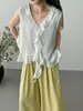 Luego Té Helado de Sal Marina Estilo Coreano Blusa de Tencel Lino con Lazos para Mujer Verano Volantes Sin Mangas Camisa Top H6822
