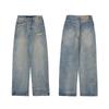 Jiamu Entra em Cena para Provar Jeans Largos Americano High Street Retrô Lavado Desgastado Jeans de Perna Reta Unissex para Homens