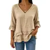 Ropa Casual Transfronteriza Europea y Americana para Mujer, Top de Manga Media con Cuello en V y Doble Capa de Volantes en el Dobladillo, Corte Holgado, Efecto Adelgazante, Exportación al por Mayor