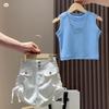 Traje de chaleco y shorts estilo coreano para niñas, moda para niños medianos y grandes, pantalones cortos de tiro alto a la moda, diseño con cordón, nuevo estilo de verano 2025