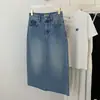 ¡Productos de Calidad Premium! Falda de Mezclilla Ajustada de Cintura Alta con Abertura y Bolsillos en Bloque de Color Moda Primavera 2026