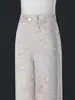 Jeans jacquard de perna larga feito sob medida para primavera e outono, cintura alta, emagrecedor, calça feminina floral, moderna e na moda
