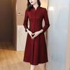 Vestido de Banquete de Casamento da Vovó Xi Vestido Vinho para Mulheres 2024 Outono Novo Elegante Ajuste Slim saia de Linha A de comprimento médio