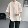 Camiseta Masculina de Linho com Gola Henry de Manga Curta Camisa Polo de Meia Manga Solta de Verão Camisa Polo de Linho