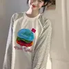 2025 Novo Estilo Blusa de Gola Redonda com Painéis de Cor Contrastante para Mulheres, Estilo Casual Preguiçoso Ins com Design Listrado Versátil Camiseta de Manga Longa