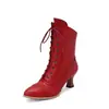 Novas Botas Curtas Femininas de Cadarço Estilo Europeu e Americano 2023, Botas Britânicas Martin com Salto Taça de Vinho, Bico Redondo, Cor Sólida, Tamanho Grande