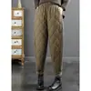 Stock sobrante de pedidos anteriores: Pantalones de invierno para mujer de pana acolchada con cintura elástica, diseño de patrón de rombos y forro engrosado para mayor calidez
