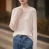 Suéter de malha fina em lã fina, estilo casual e suave, outono e inverno, cor sólida, trançado vazado, gola redonda, suéter de malha versátil e moderno feminino