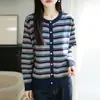Cardigan de Tricô Listrado Color Block Francês Feminino Outono Inverno Novo Suéter Casaco Gola Redonda Manga Longa Gentil Versátil