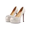 Zapatos de tacón ultra alto de 14 cm, modelo insignia original para mujer, con lazo de pedrería, punta redonda, corte bajo, tacones de aguja sexys, zapatos de boda al por mayor