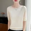Top de punto sin costuras de manga corta con cuello redondo para mujer, camiseta de manga corta, suéter de capa base, nuevo estilo primavera/verano