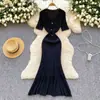 Vestido de punto versátil de manga corta de alta gama para mujer, fresco y dulce, ajustado, estilo cola de pez, largo de seda helada, para oficina
