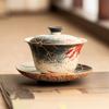 Tazón de cubierta de tres cai azul de fábrica y rojo pedernal flor loto pintado a mano dorado tazón de té de carpa koi juego de té de kung fu de cerámica taza de té