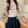 Verano 2022 Estilo Coreano Holgado Ropa Exterior Corta Top a Rayas Combinable Camiseta de Punto Fina de Manga Corta para Mujer ins