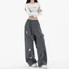 Pantalones cargo casuales de algodón puro con bordado floral tridimensional estilo vintage y múltiples bolsillos