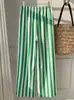 Calça casual listrada de perna larga para mulheres, cintura alta de verão, cintura com amarração, calça reta solta, modeladora, versátil, calça de pijama leve