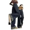 Jeans de Talla Grande para Chicas Gorditas, Parches a Cuadros, Dobladillo Enrollado, Pierna Recta, Holgados, Adelgazantes, Casuales, Pantalones de Pierna Ancha hasta el Suelo