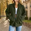 Cárdigan de pana estilo relajado transfronterizo con cuello alto, cierre de cremallera completo, bolsillos, hombros caídos y mangas largas - una chaqueta casual