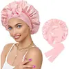 Gorro de dormir de satén de doble capa Amazon con lazo de cinta, Gorro de ducha de satén, Gorro posparto para belleza y cuidado del cabello, Pañuelo para la cabeza para mujer, Gorro redondo