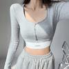 Estilo Europeo y Americano Primavera y Verano Ropa de Mujer ins Moda Callejera Spice Girl Cuello Cuadrado Grande Hebilla Color Contraste Cinta Ajustada Camiseta de Mujer Comercio Exterior