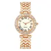 Reloj superventas transfronterizo: Elegante reloj de mujer con incrustaciones de diamantes y números romanos, reloj de cuarzo con cristal, reloj estilo pulsera