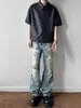 Jeans para Hombre de Tiro Alto con Parches Retro de Costura Cruzada, Rasgados, Salpicaduras de Tinta, Agujeros, Diseño de Lavado Sucio de Calle