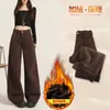 Jeans gruesos para mujer con forro de polar marrón, nuevo estilo otoño e invierno de cintura alta, corte petite curvo, pantalones rectos de pierna ancha adelgazantes